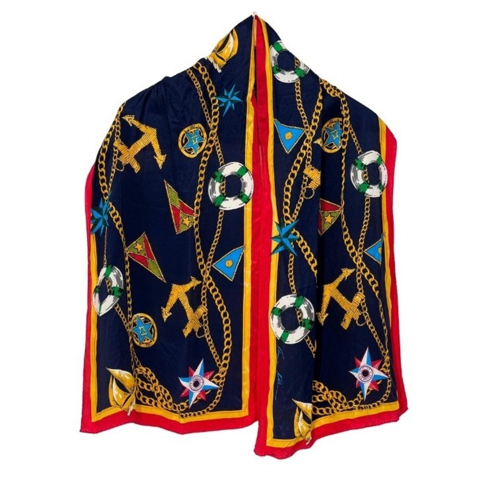 Vintage 70s Anne Klein Silk Nautical Scarf Blue Red Yellow Anchor Compass 56x14